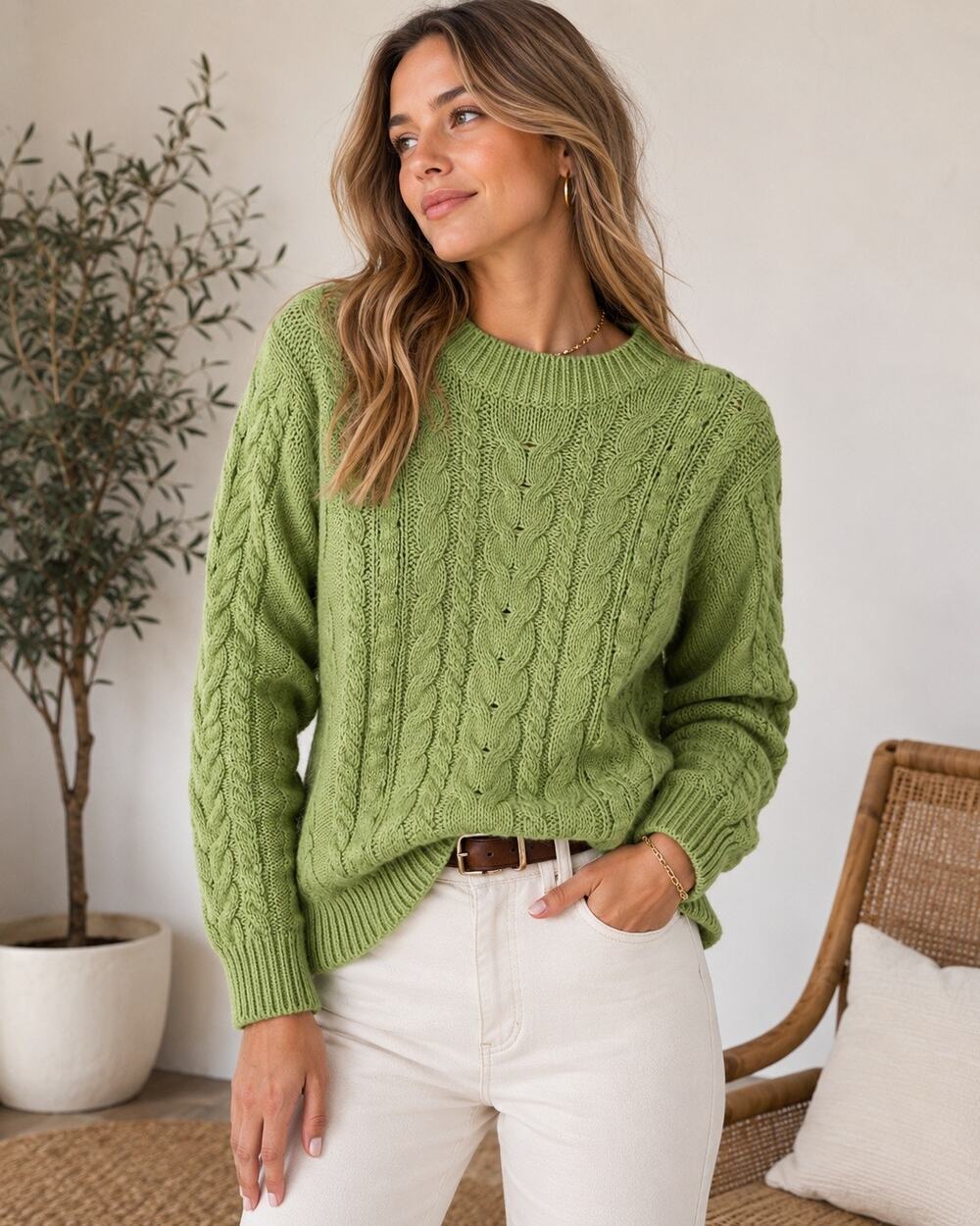 Pearl by Lela Rose Long Sleeve Cable Knit Pullover Sweater Green Women's Size XS